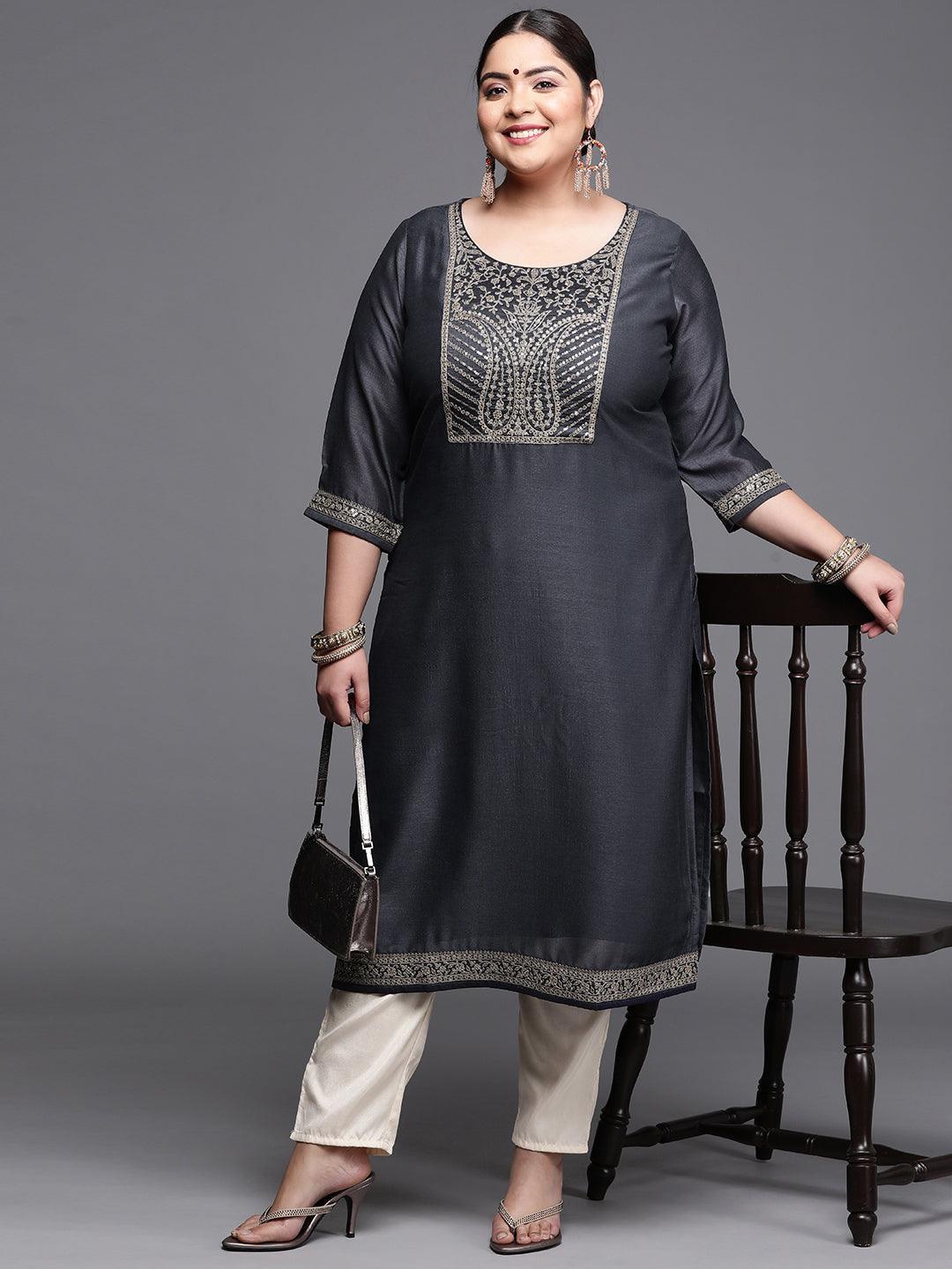 Plus Size Navy Blue Yoke Design Silk Kurta