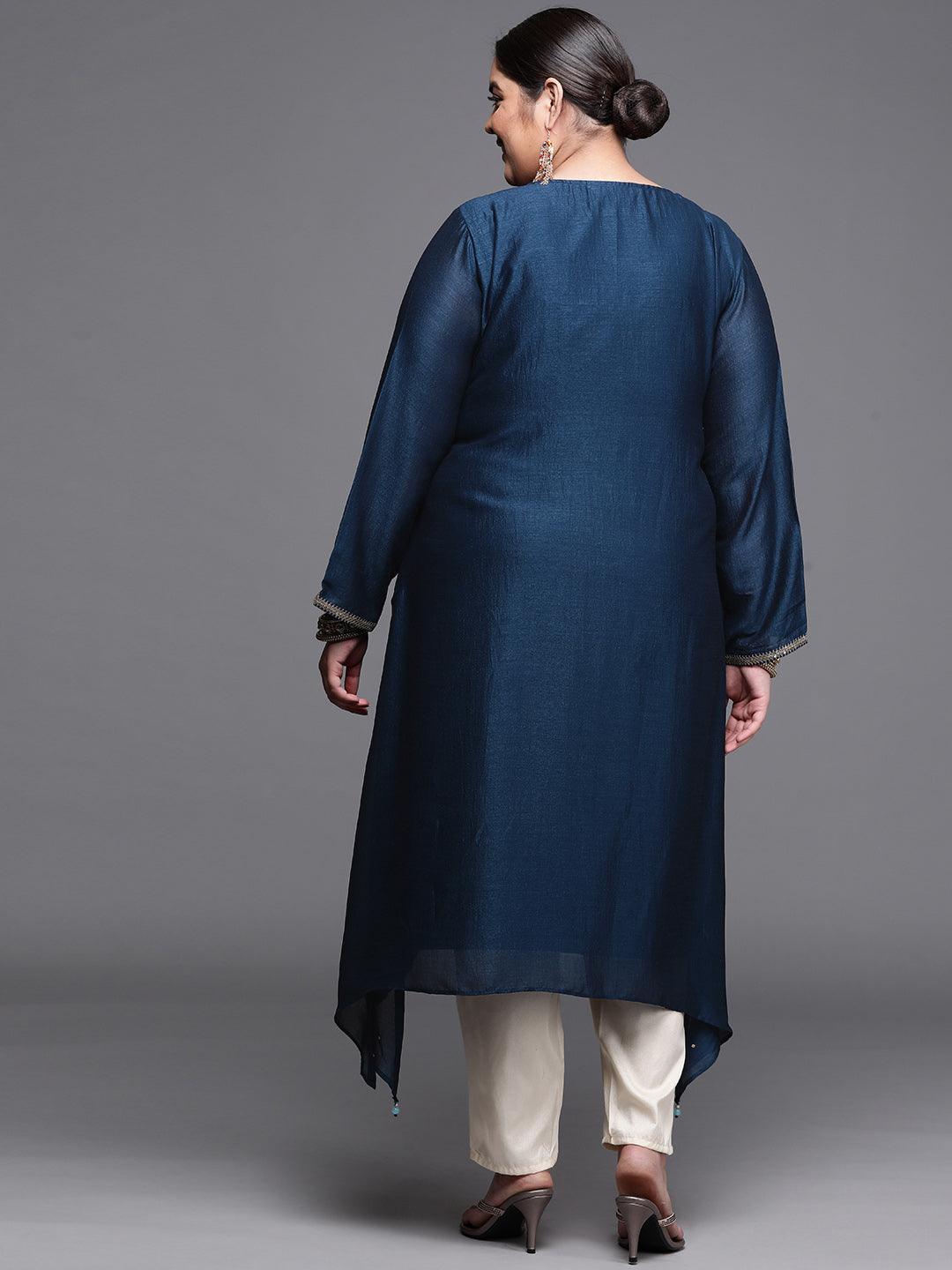 Plus Size Navy Blue Yoke Design Silk Kurta