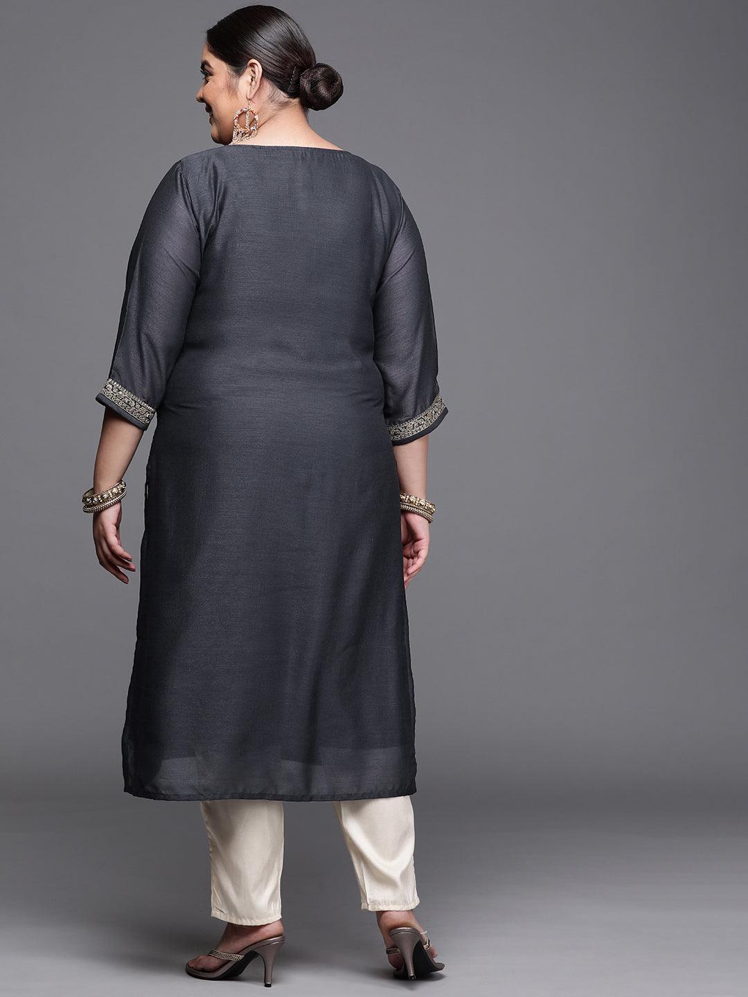 Plus Size Navy Blue Yoke Design Silk Kurta