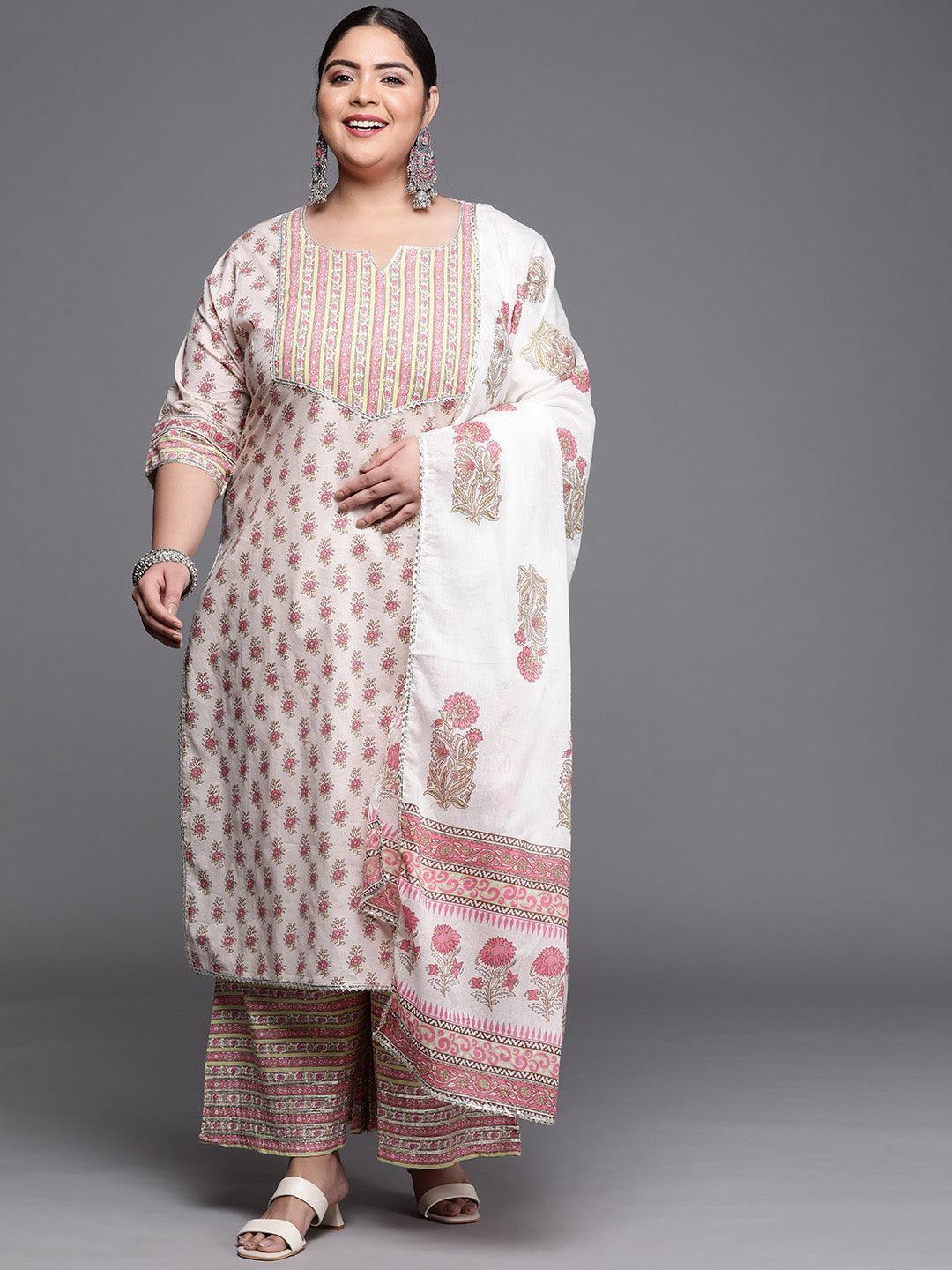 Plus Size Off White Printed Cotton Suit Set