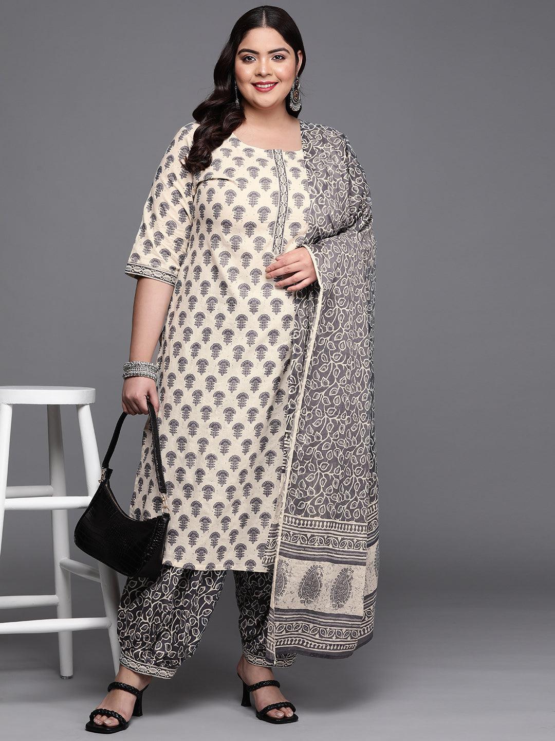 Plus Size Off White Printed Cotton Suit Set