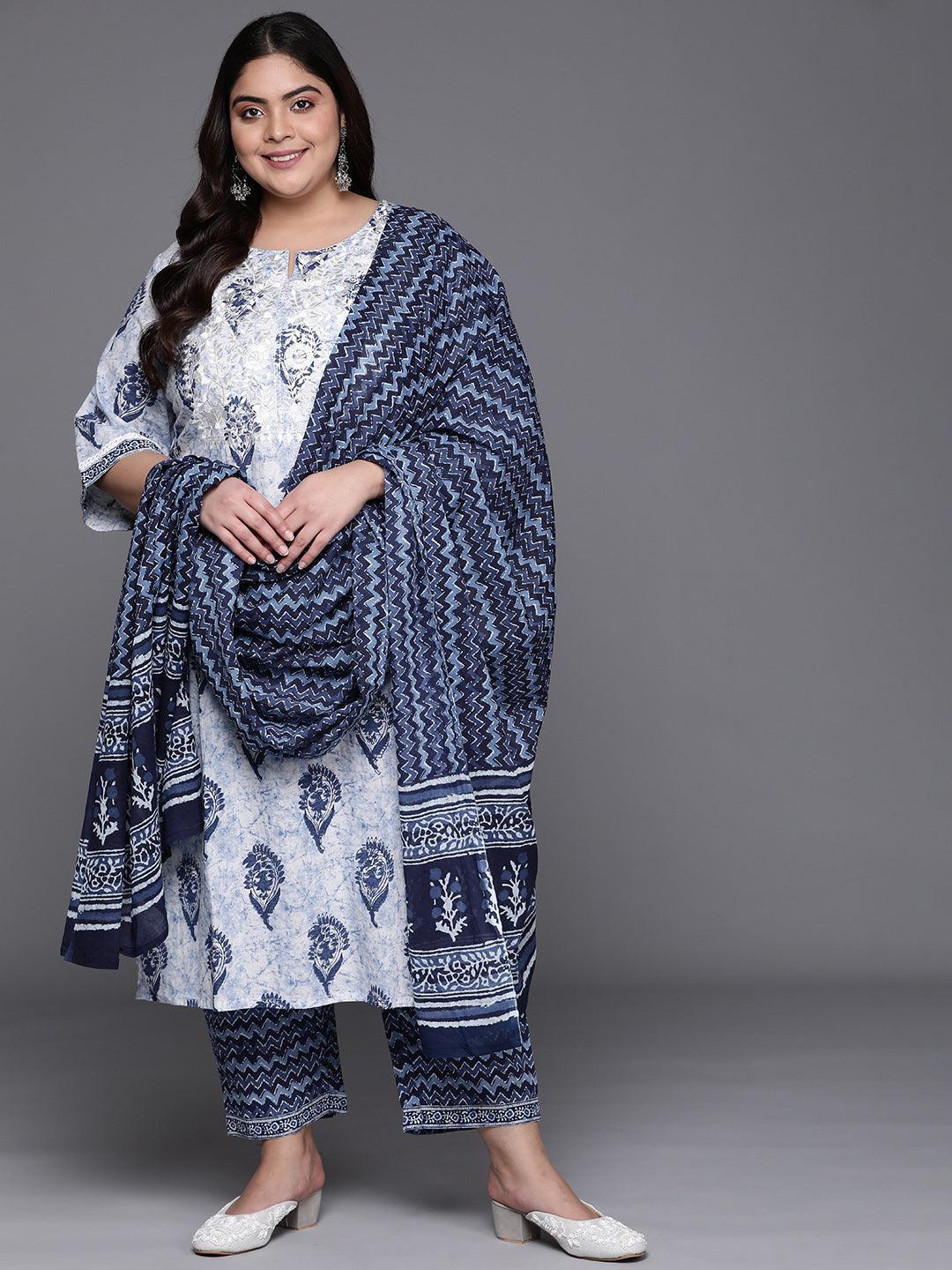 Plus Size White Yoke Design Cotton Suit Set