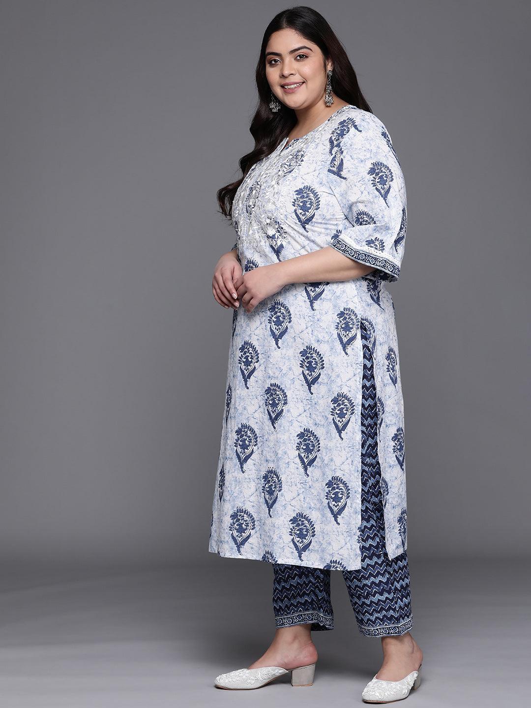 Plus Size White Yoke Design Cotton Suit Set