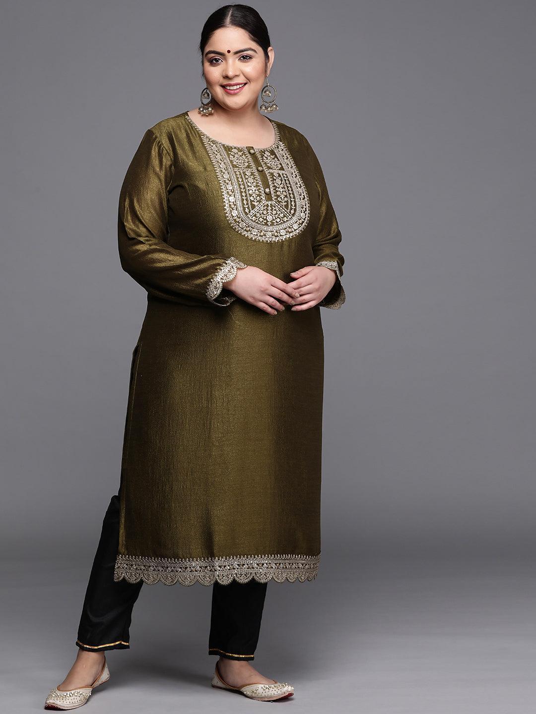 Plus Size Olive Yoke Design Silk Kurta