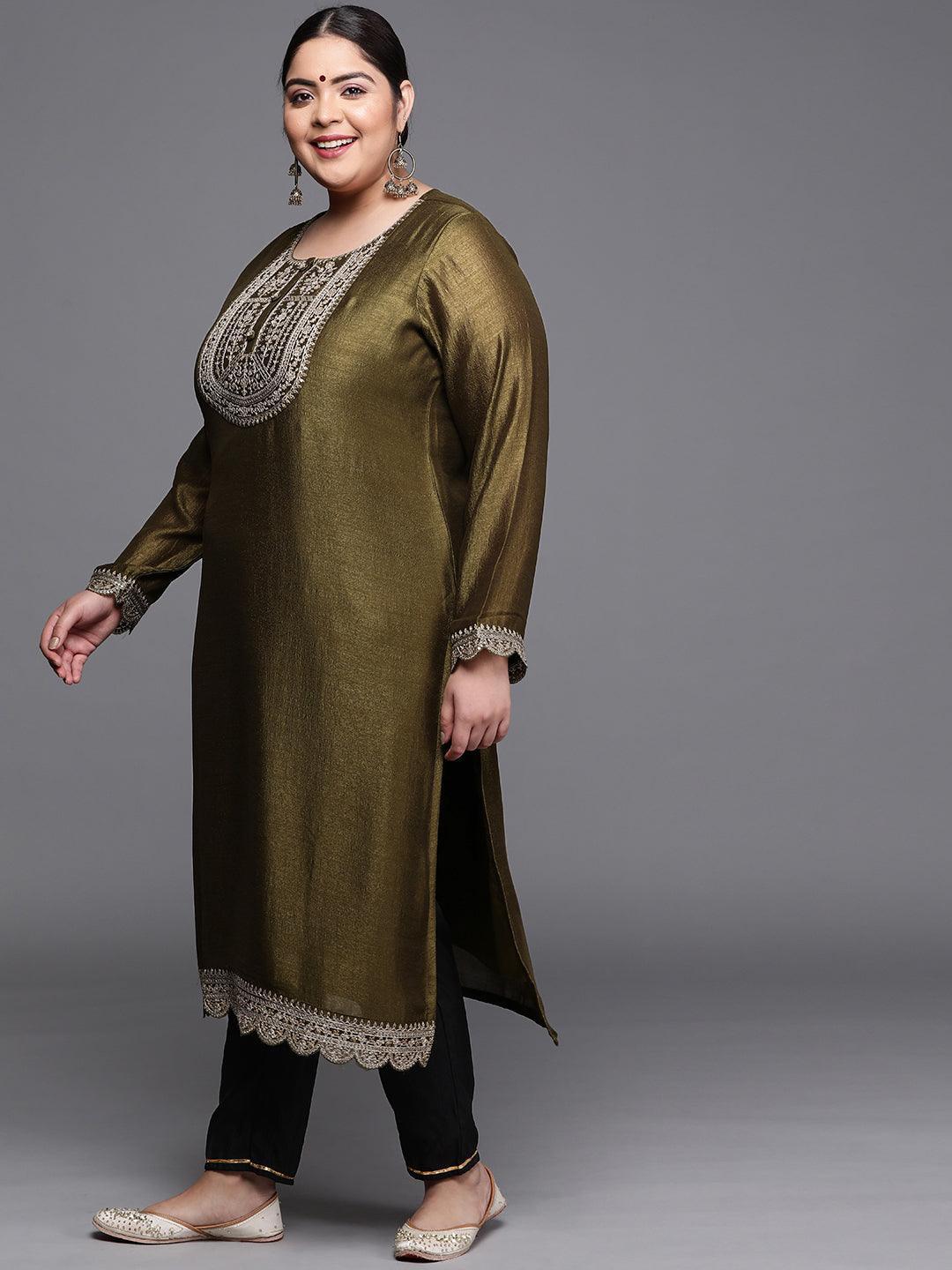 Plus Size Olive Yoke Design Silk Kurta