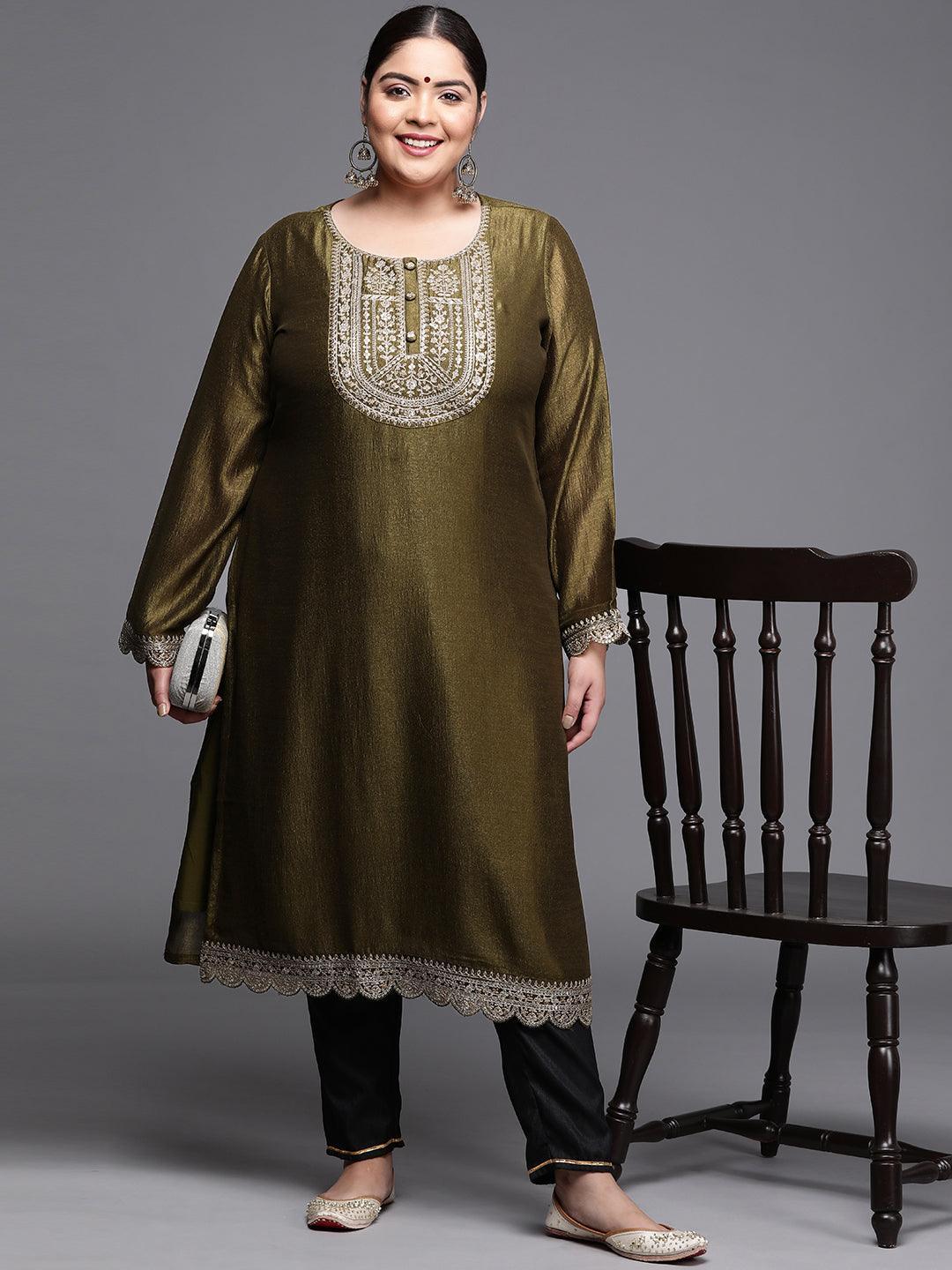 Plus Size Olive Yoke Design Silk Kurta