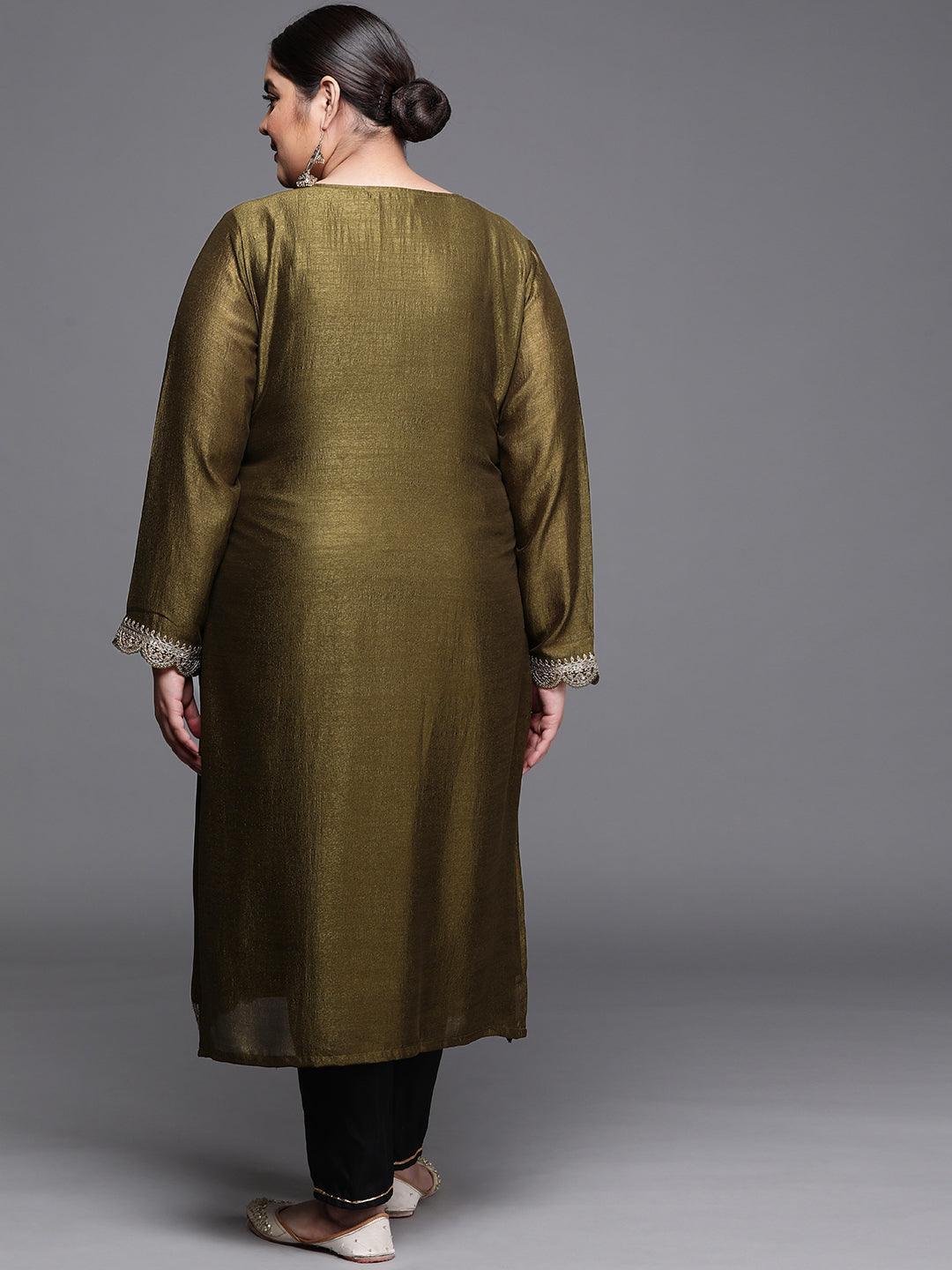 Plus Size Olive Yoke Design Silk Kurta