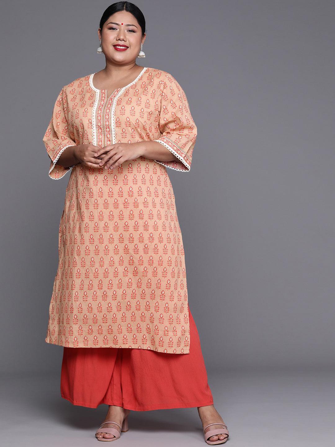 Plus Size Peach Printed Cotton Kurta