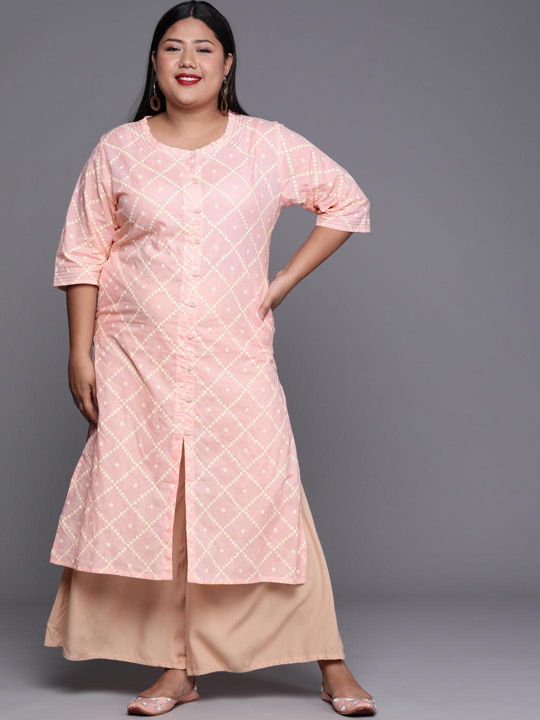 Plus Size Peach Printed Cotton Kurta