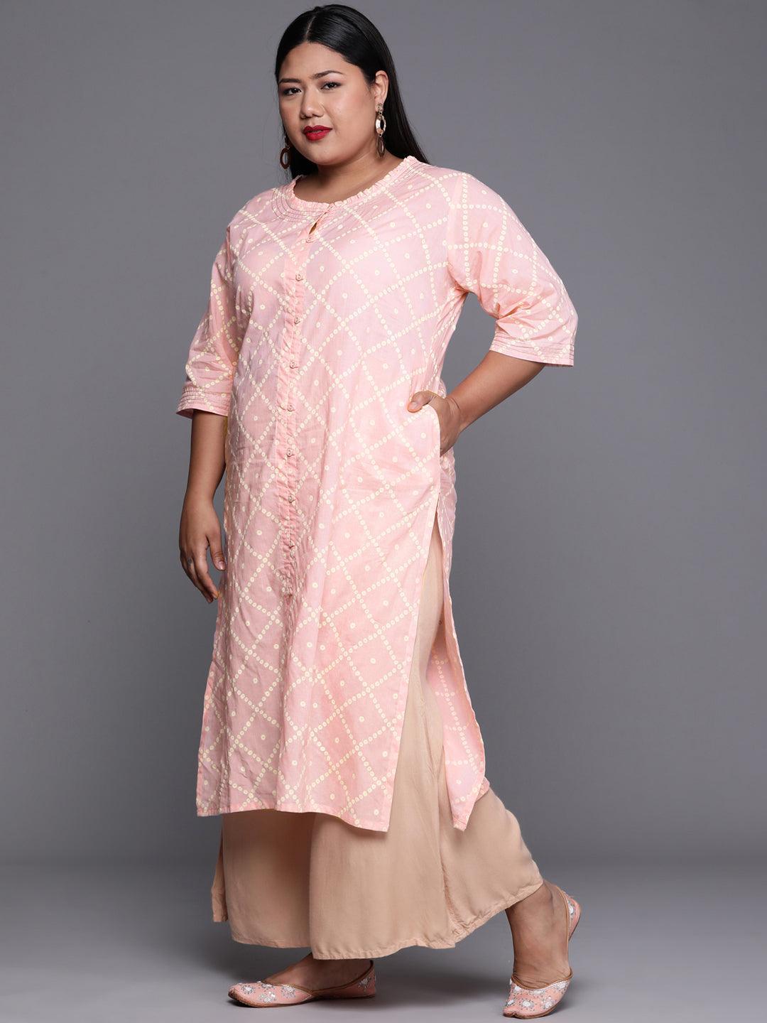 Plus Size Peach Printed Cotton Kurta