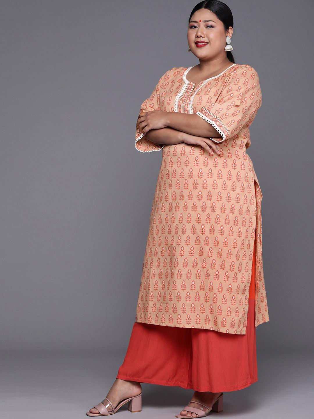 Plus Size Peach Printed Cotton Kurta