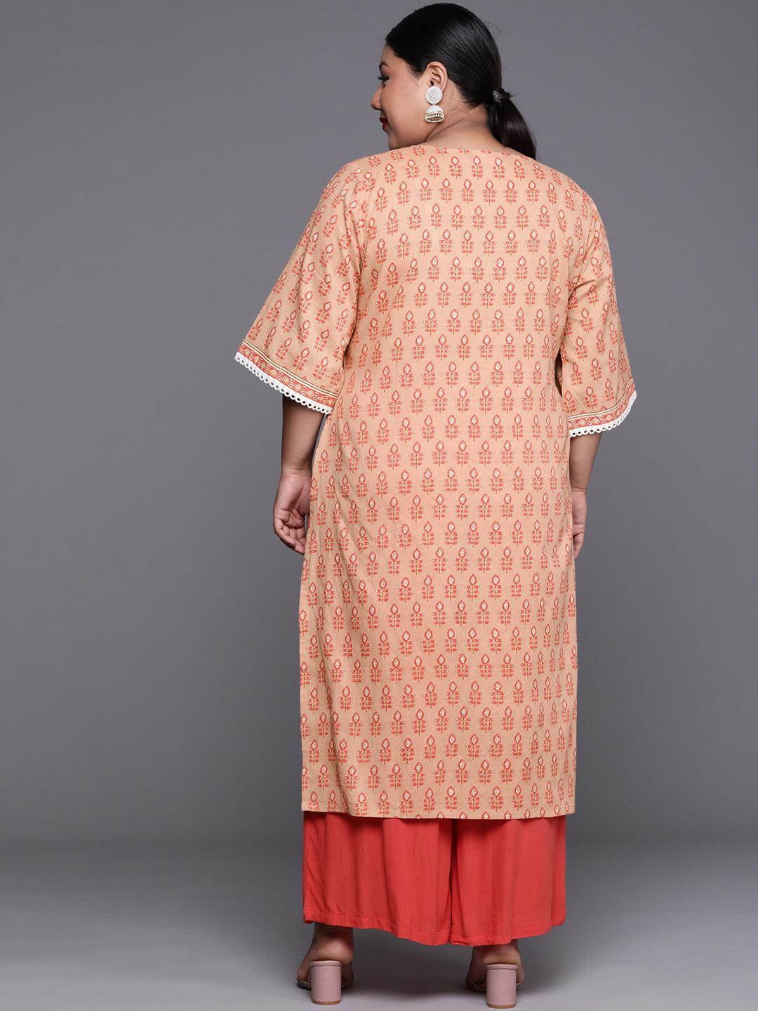 Plus Size Peach Printed Cotton Kurta