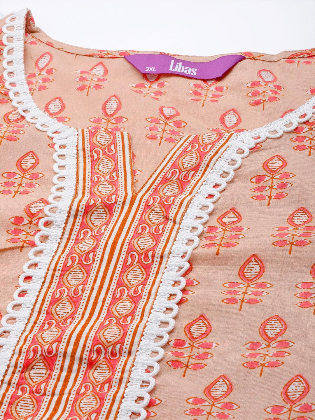 Plus Size Peach Printed Cotton Kurta