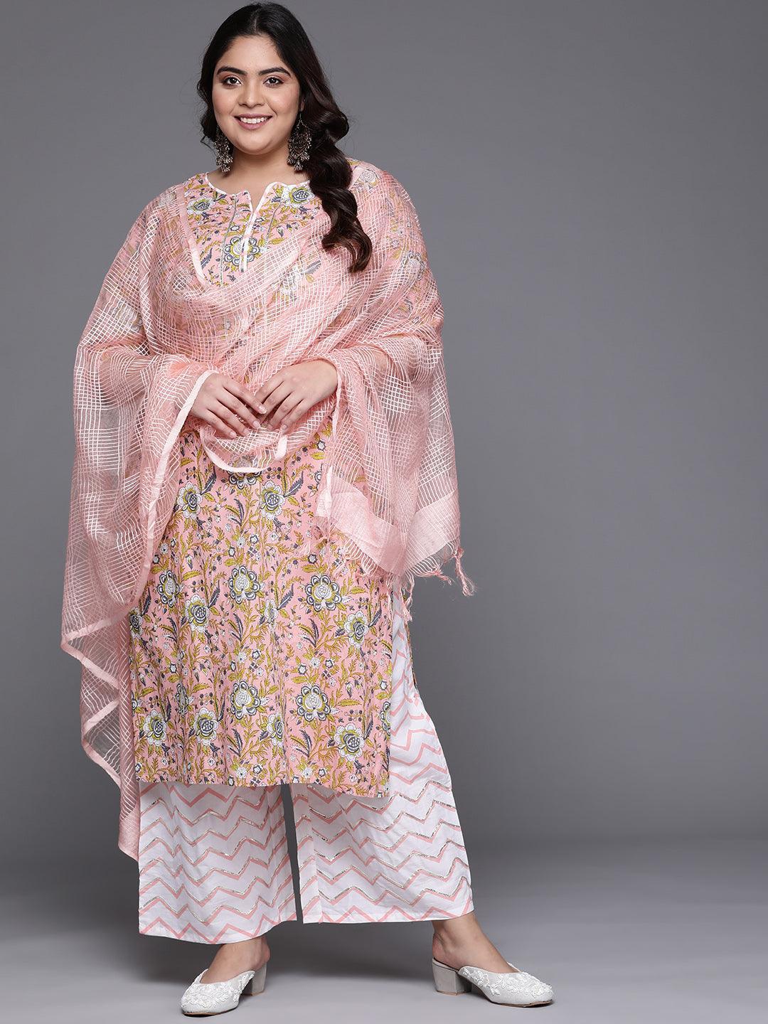 Plus Size Peach Printed Cotton Suit Set