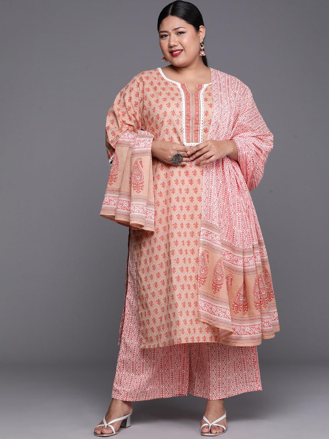 Plus Size Peach Printed Cotton Straight Kurta With Palazzos & Dupatta