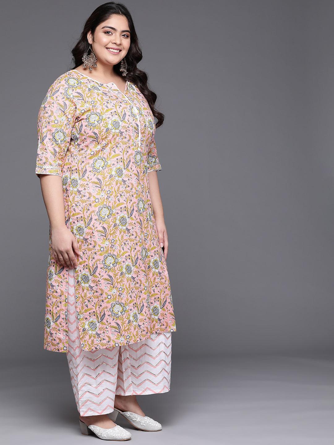 Plus Size Peach Printed Cotton Suit Set