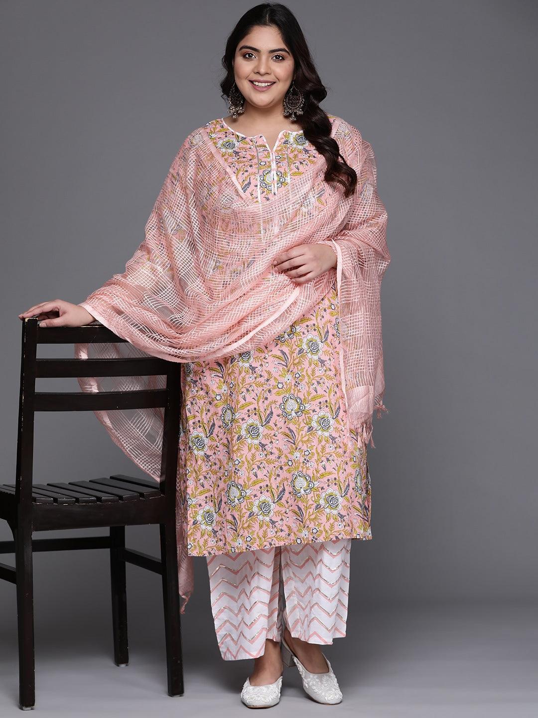 Plus Size Peach Printed Cotton Suit Set