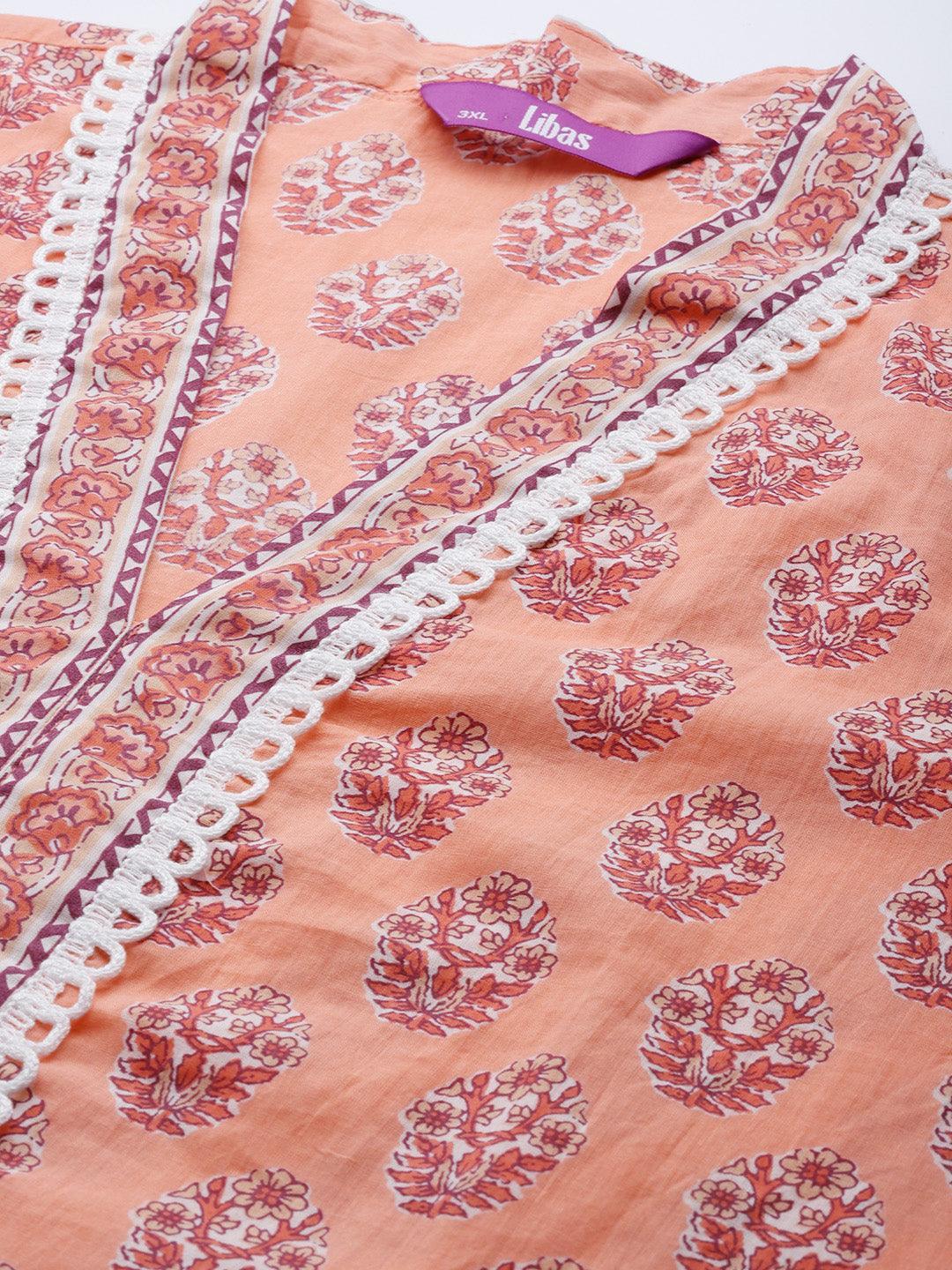 Plus Size Peach Printed Cotton Straight Kurta With Palazzos & Dupatta