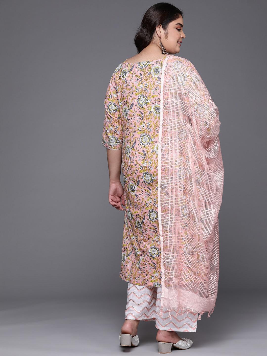 Plus Size Peach Printed Cotton Suit Set