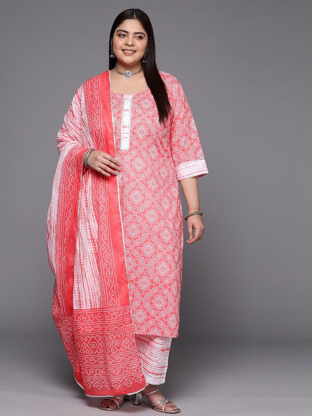 Plus Size Peach Printed Cotton Suit Set With Trousers