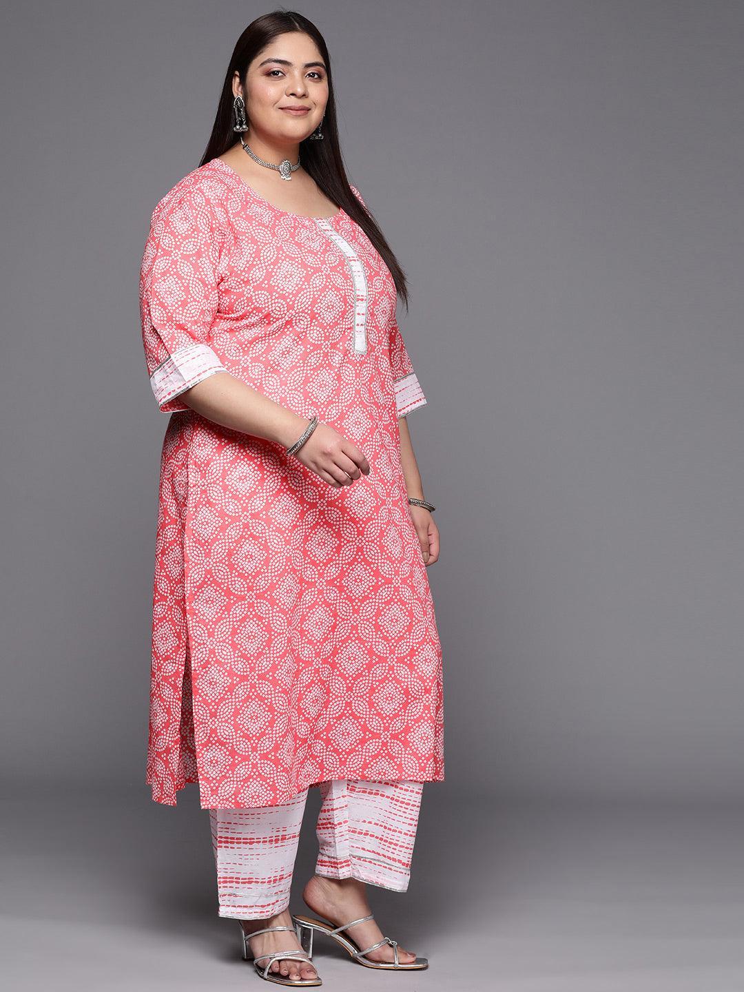 Plus Size Peach Printed Cotton Suit Set With Trousers