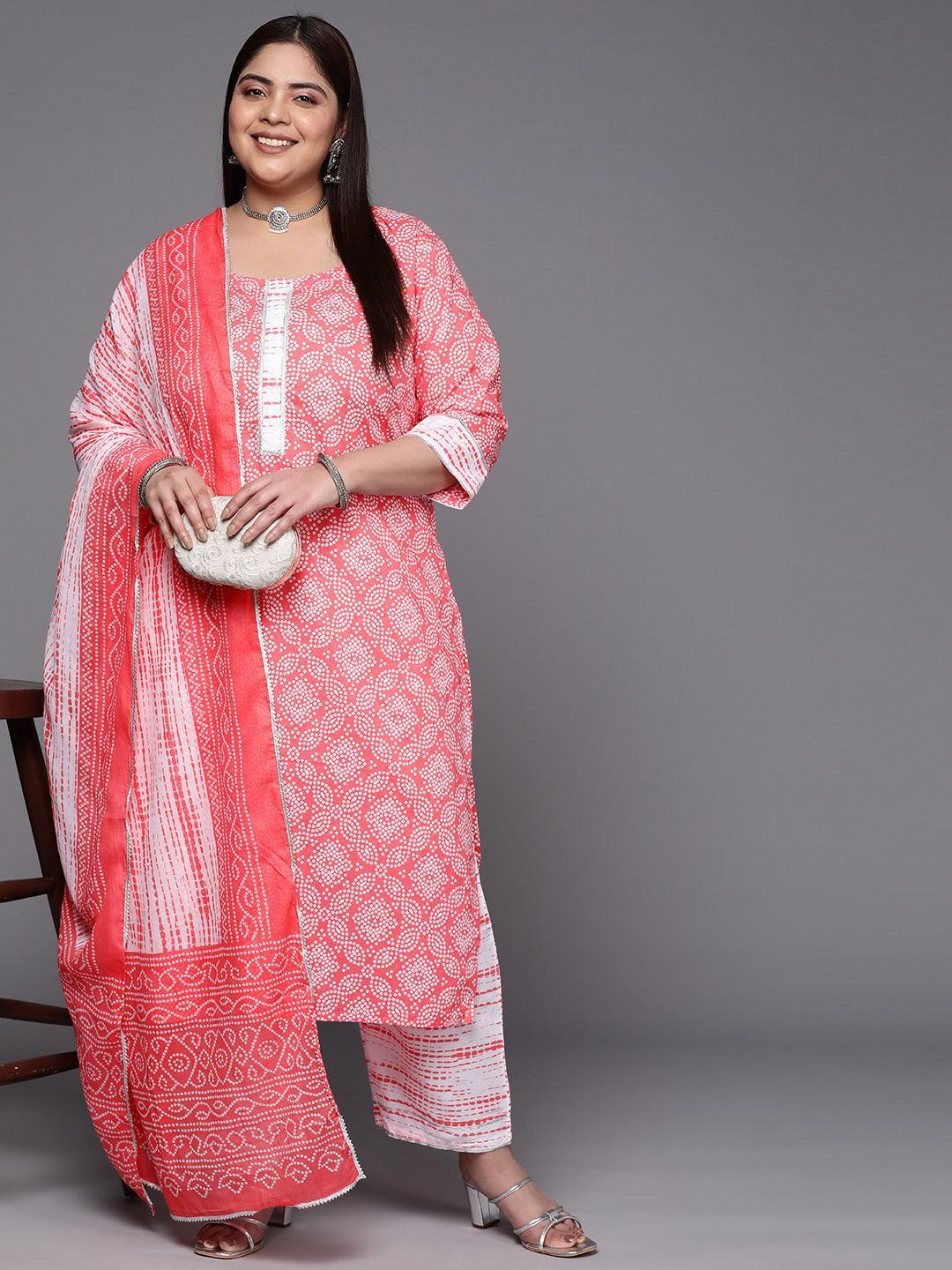 Plus Size Peach Printed Cotton Suit Set With Trousers