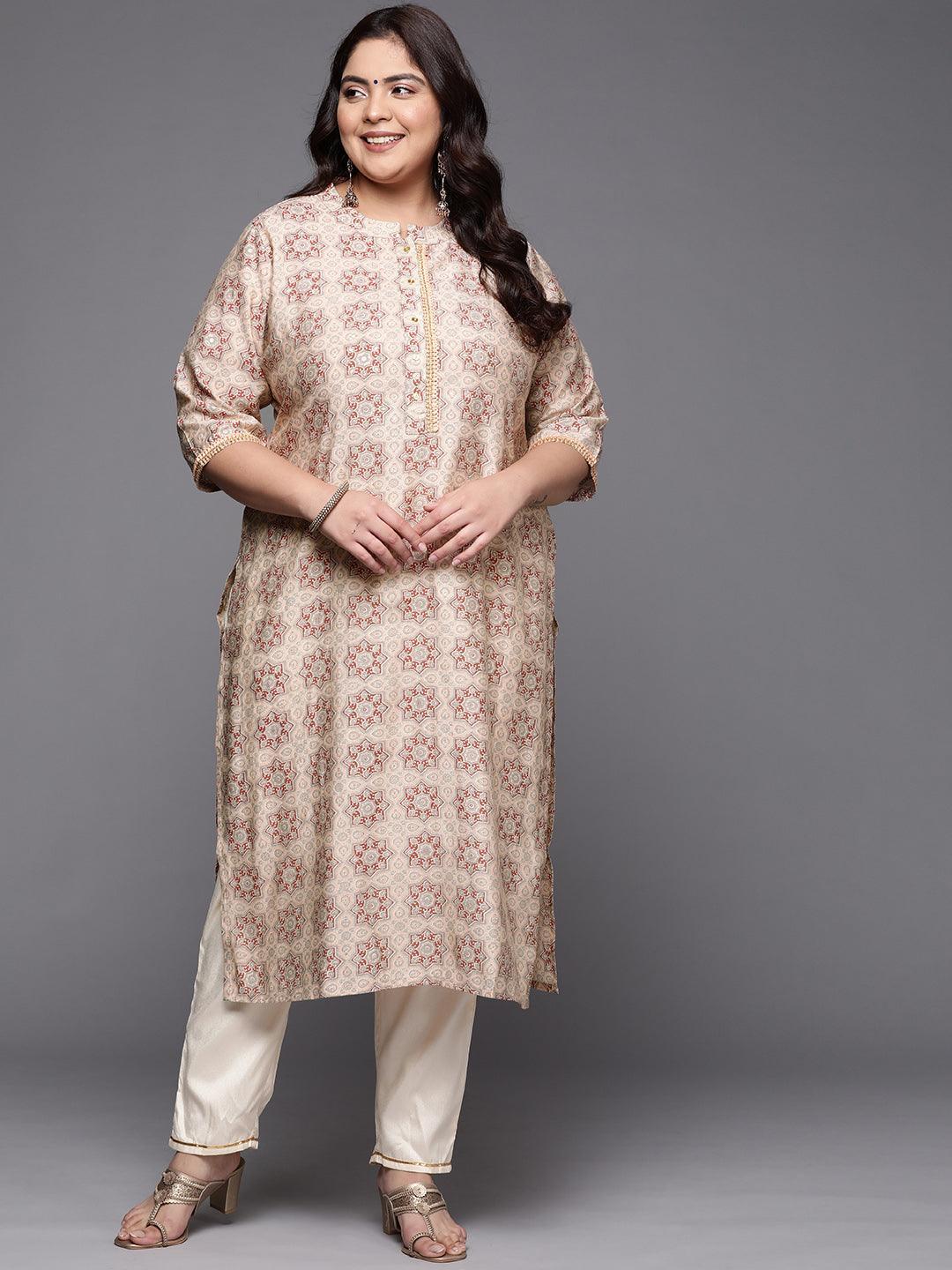 Plus Size Peach Printed Silk Straight Kurta