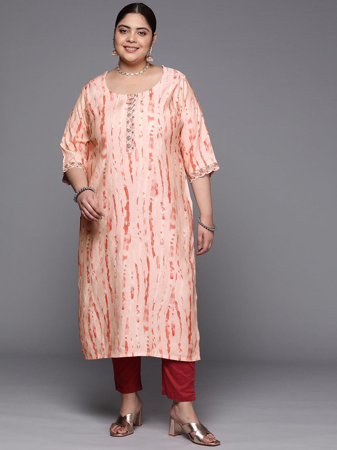 Plus Size Peach Printed Silk Straight Kurta