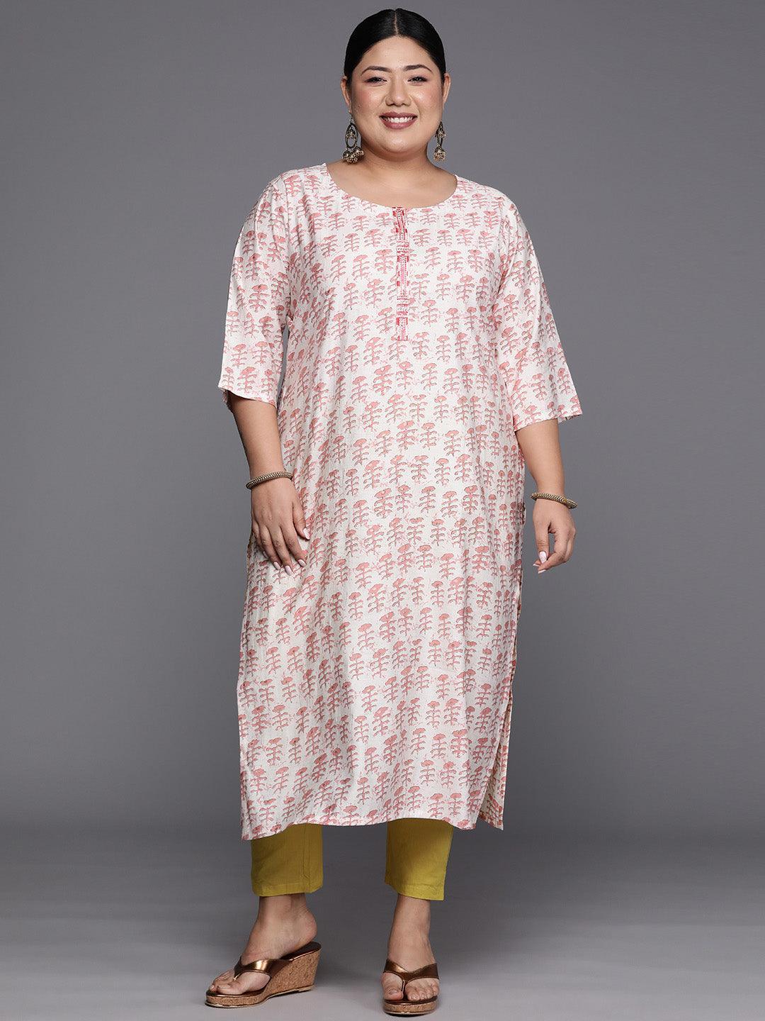 Plus Size Peach Printed Silk Straight Kurta