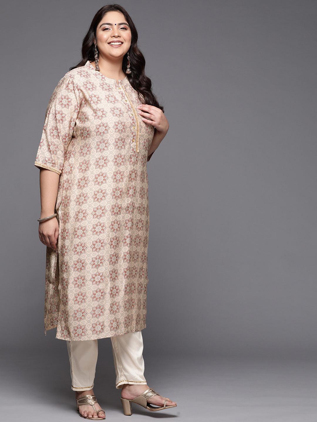 Plus Size Peach Printed Silk Straight Kurta