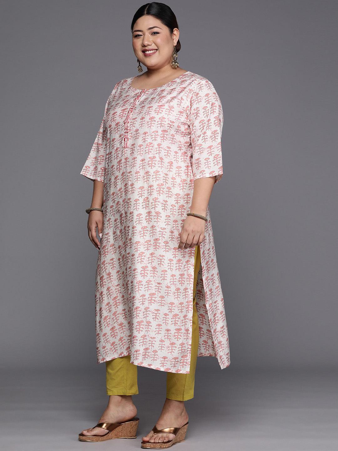 Plus Size Peach Printed Silk Straight Kurta