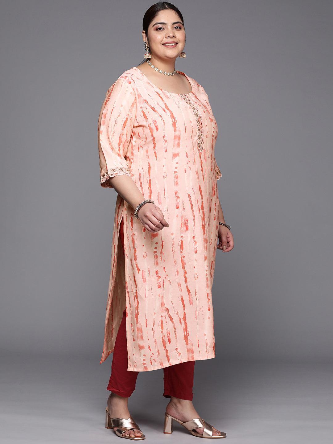 Plus Size Peach Printed Silk Straight Kurta