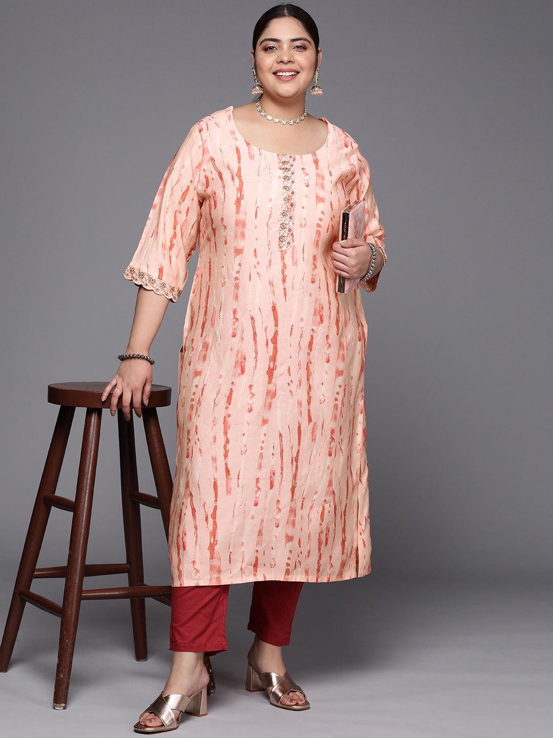 Plus Size Peach Printed Silk Straight Kurta