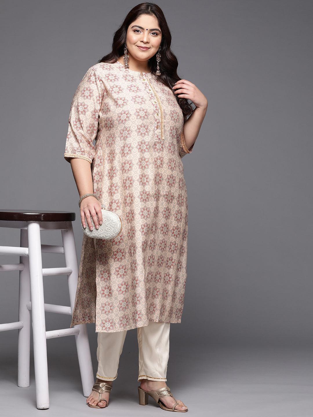 Plus Size Peach Printed Silk Straight Kurta