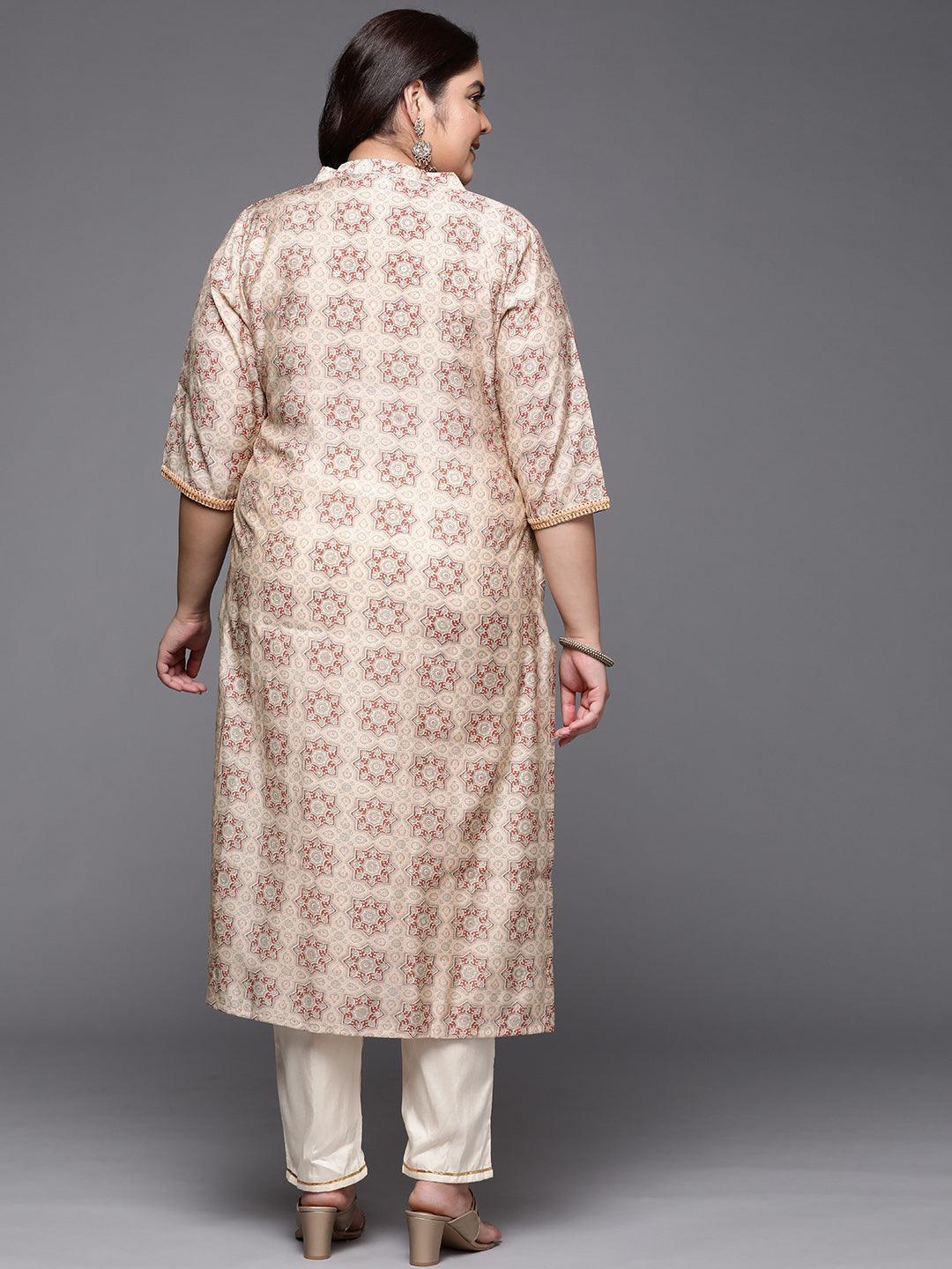 Plus Size Peach Printed Silk Straight Kurta