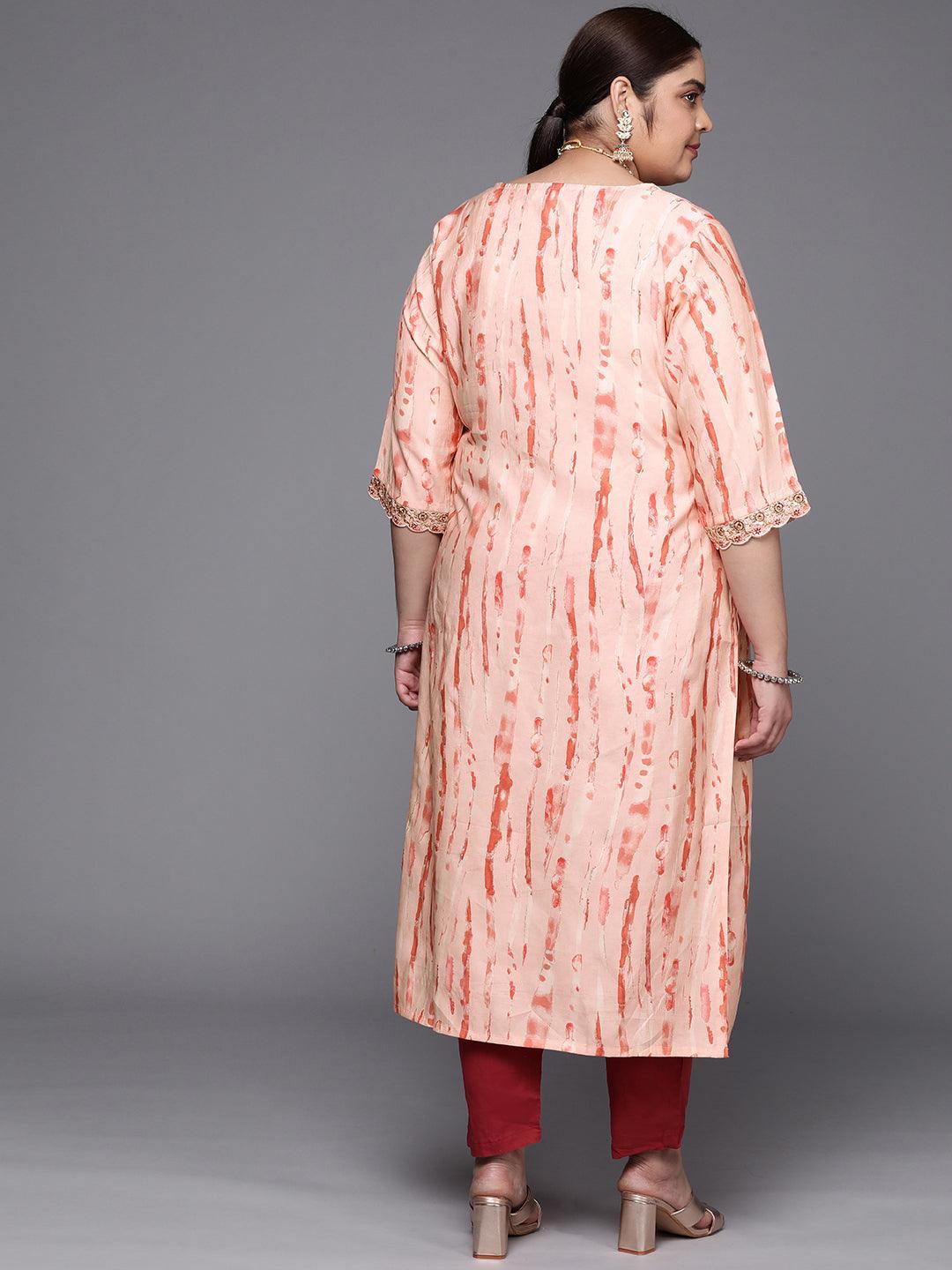 Plus Size Peach Printed Silk Straight Kurta