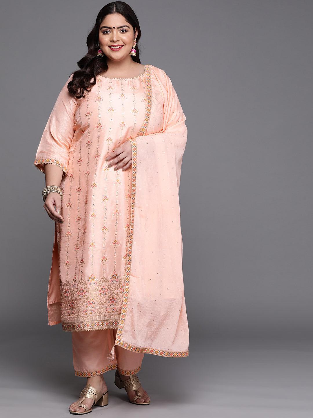 Plus Size Peach Woven Design Silk Blend Suit Set