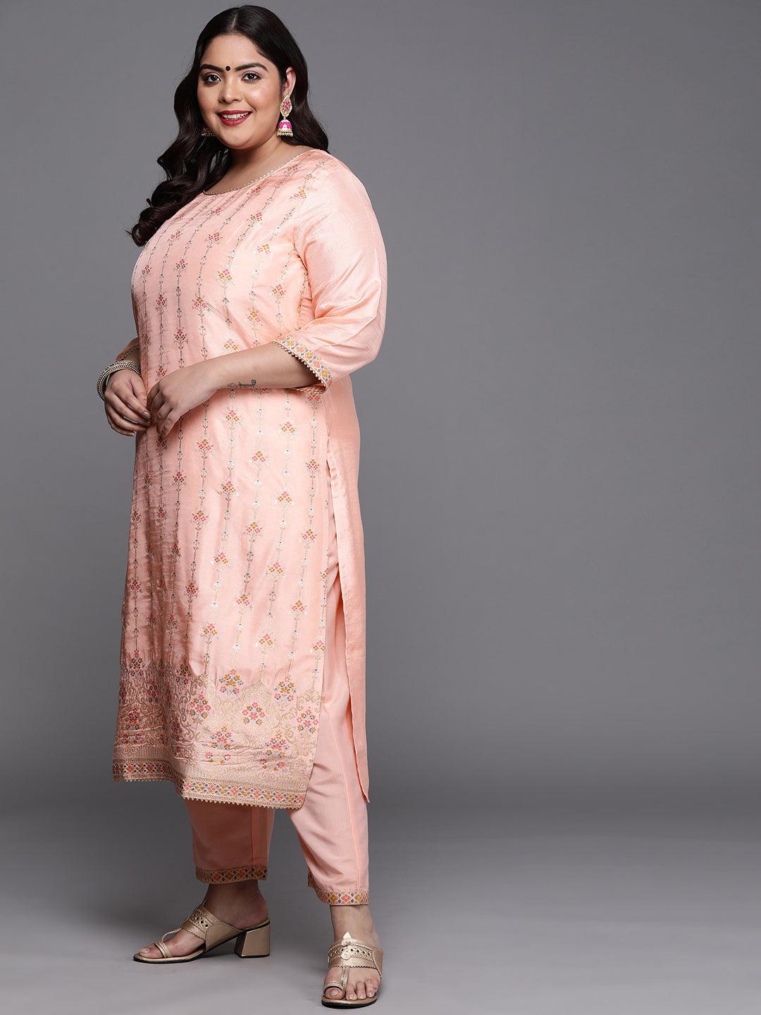 Plus Size Peach Woven Design Silk Blend Suit Set