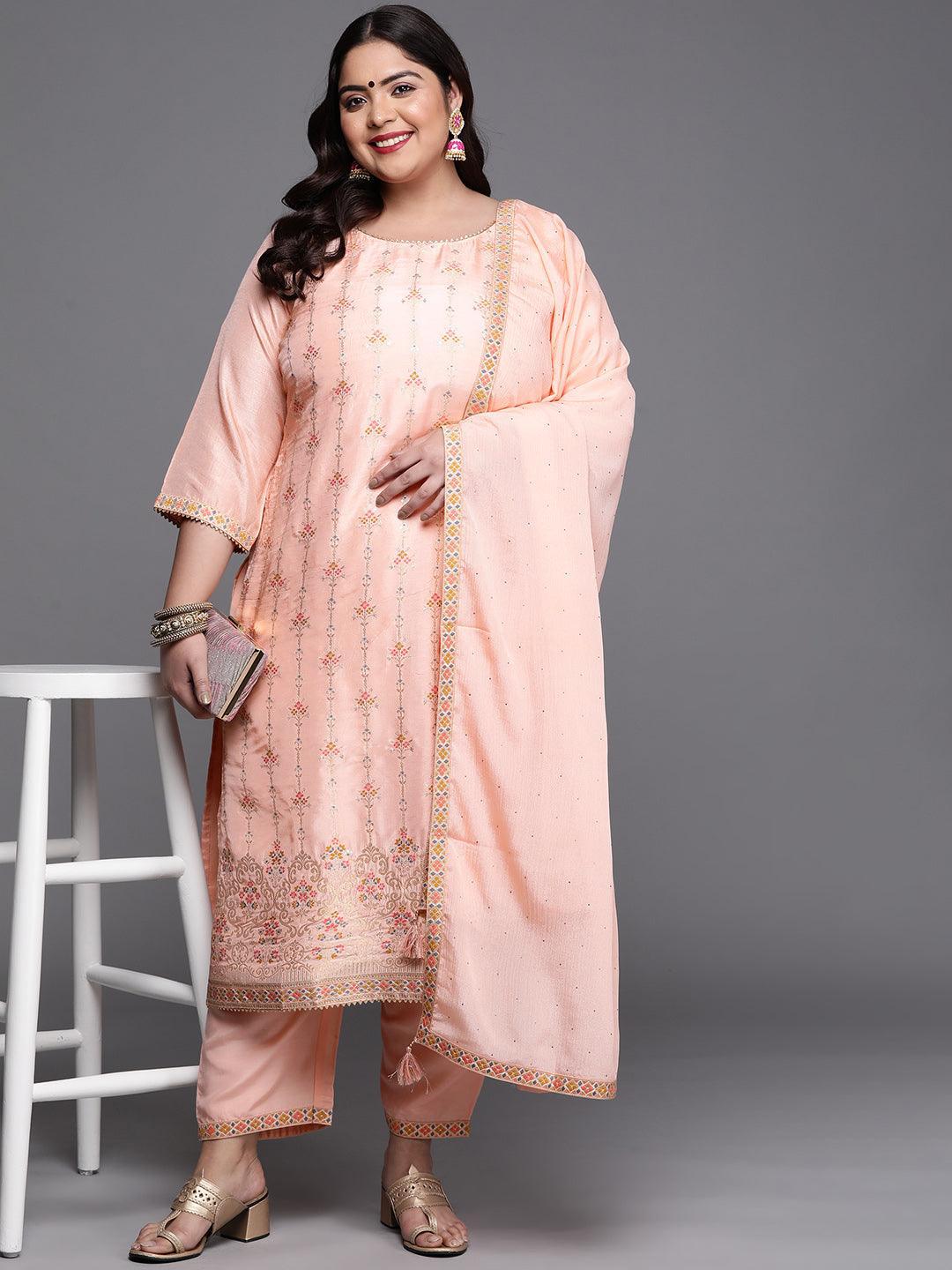 Plus Size Peach Woven Design Silk Blend Suit Set