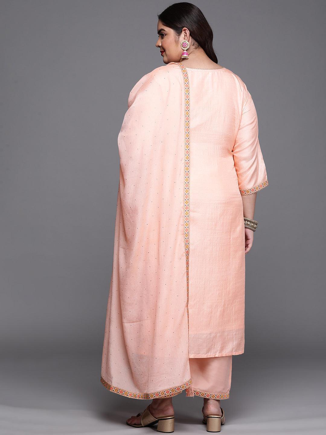 Plus Size Peach Woven Design Silk Blend Suit Set