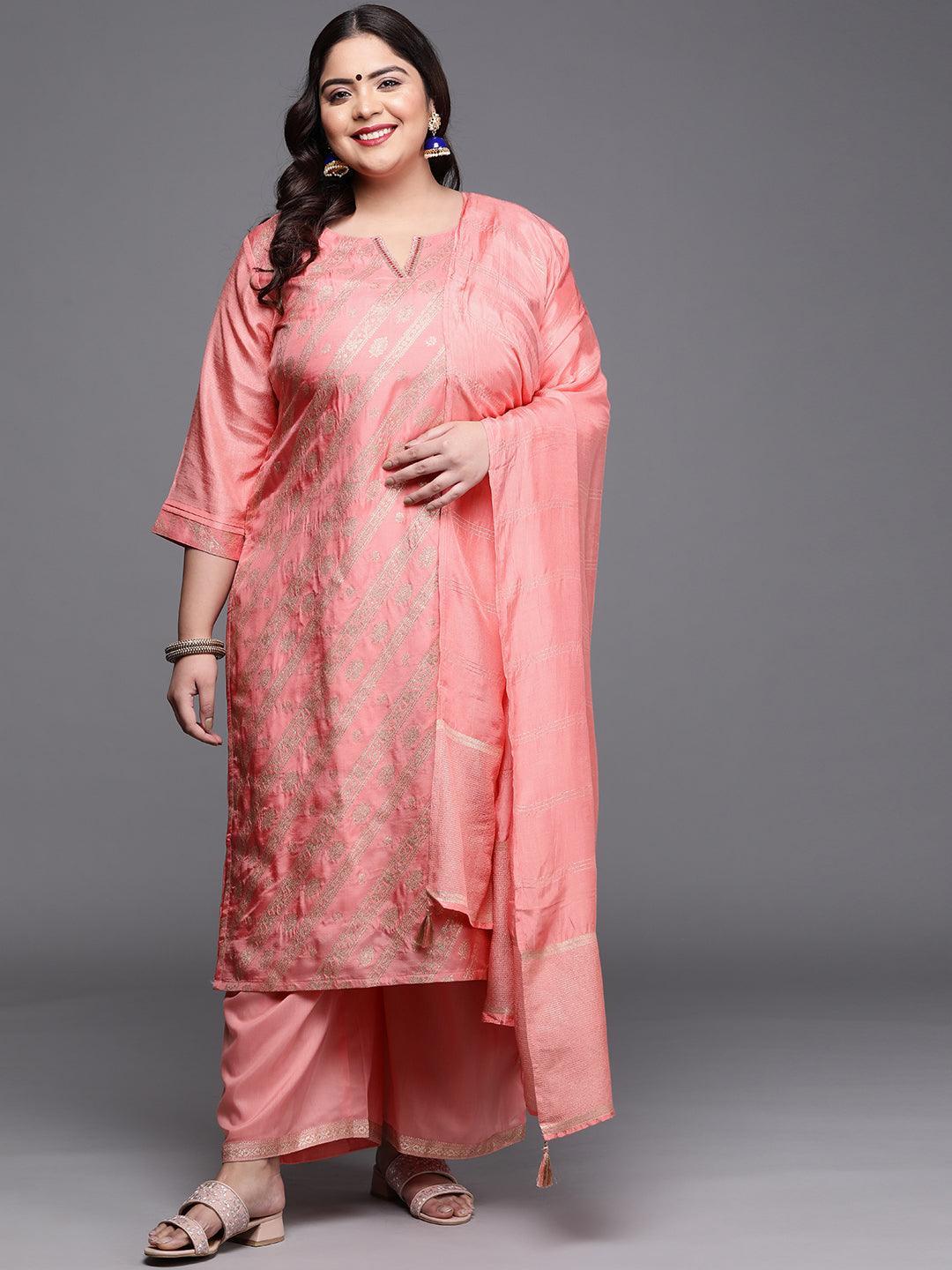 Plus Size Peach Woven Design Silk Blend Suit Set