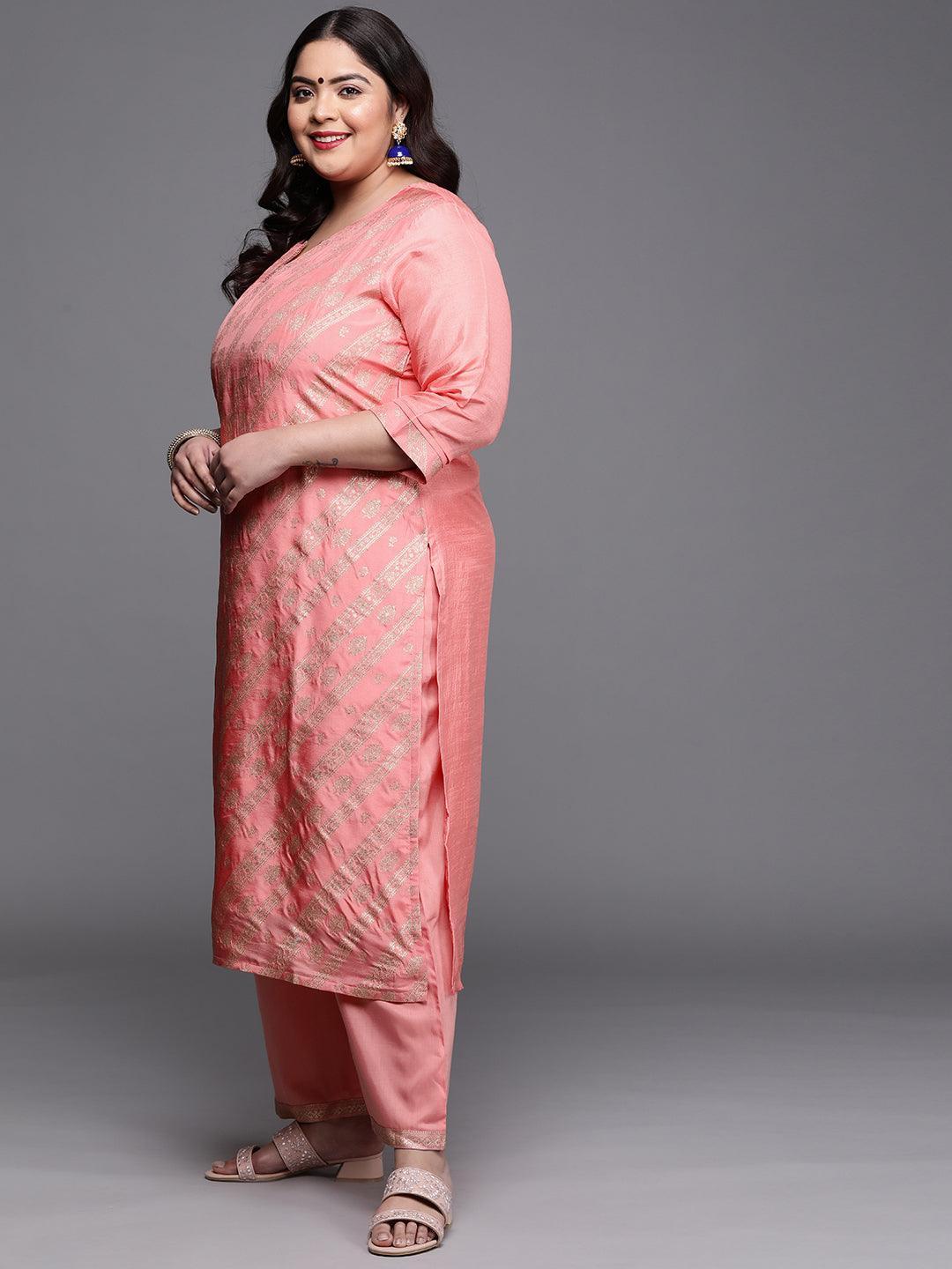 Plus Size Peach Woven Design Silk Blend Suit Set