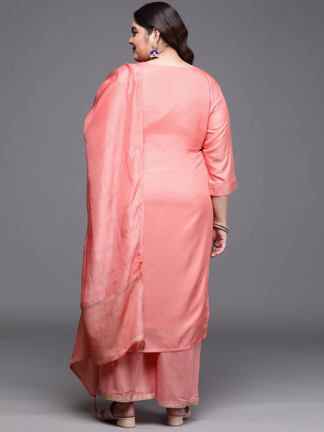 Plus Size Peach Woven Design Silk Blend Suit Set