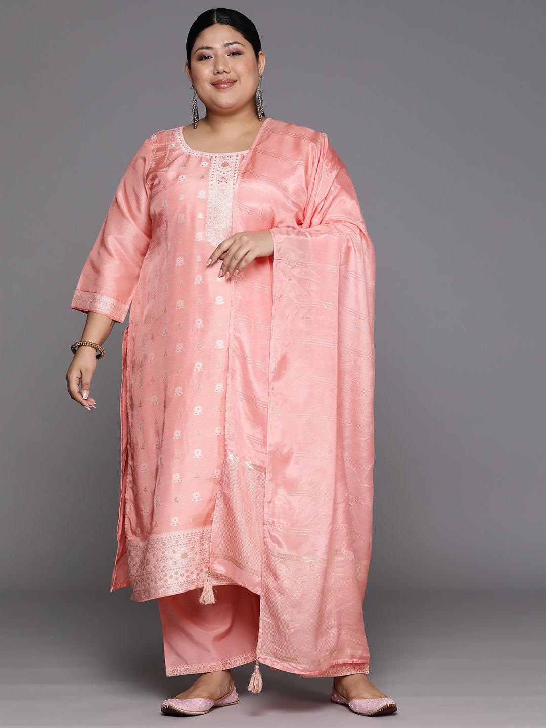 Plus Size Peach Woven Design Silk Blend Straight Kurta With Trousers & Dupatta