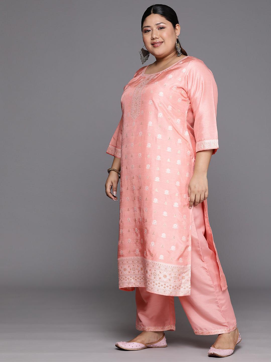 Plus Size Peach Woven Design Silk Blend Straight Kurta With Trousers & Dupatta