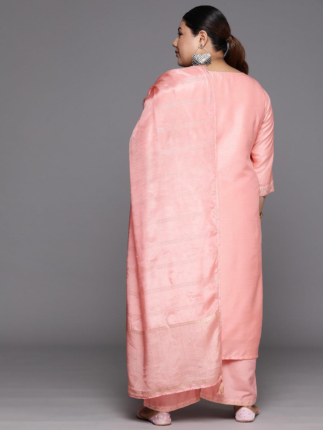 Plus Size Peach Woven Design Silk Blend Straight Kurta With Trousers & Dupatta