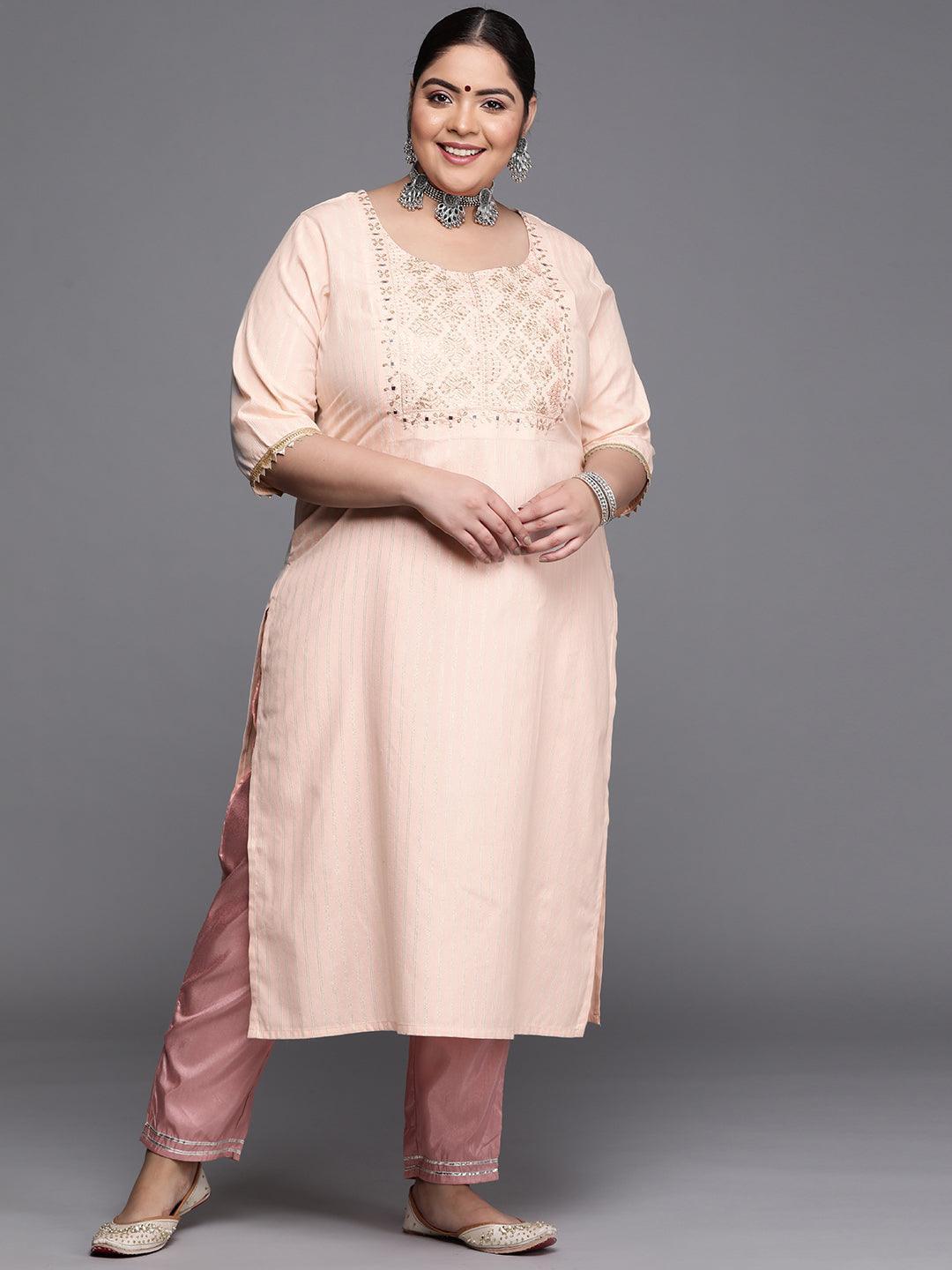 Plus Size Peach Yoke Design Cotton Silk Kurta