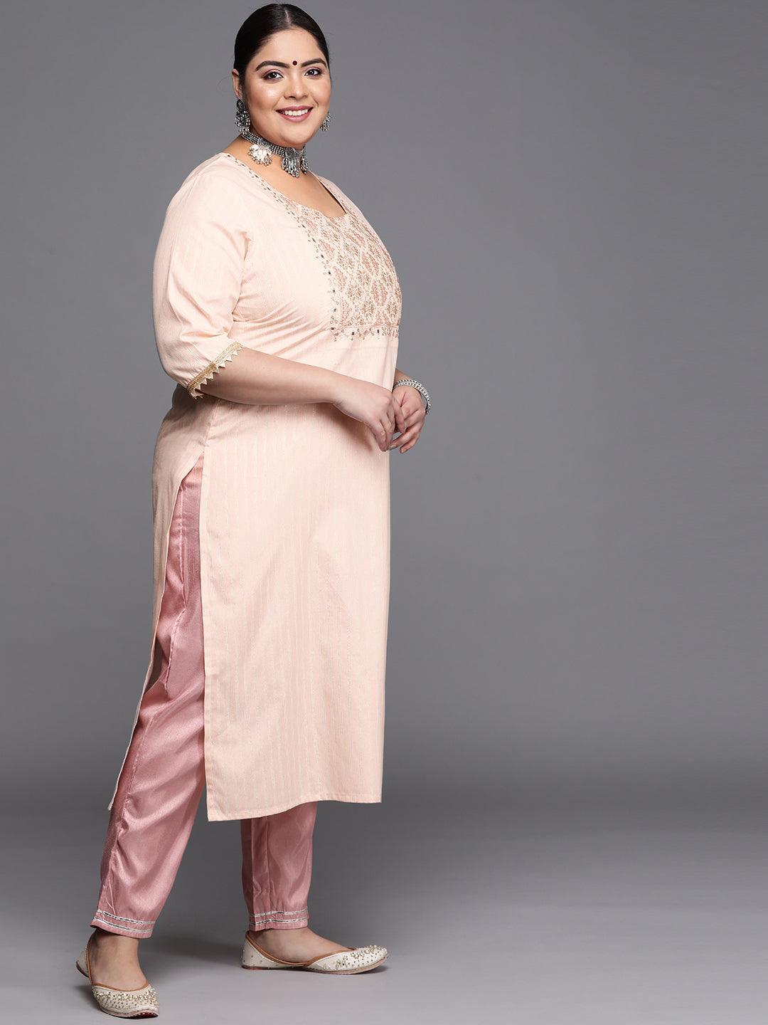 Plus Size Peach Yoke Design Cotton Silk Kurta