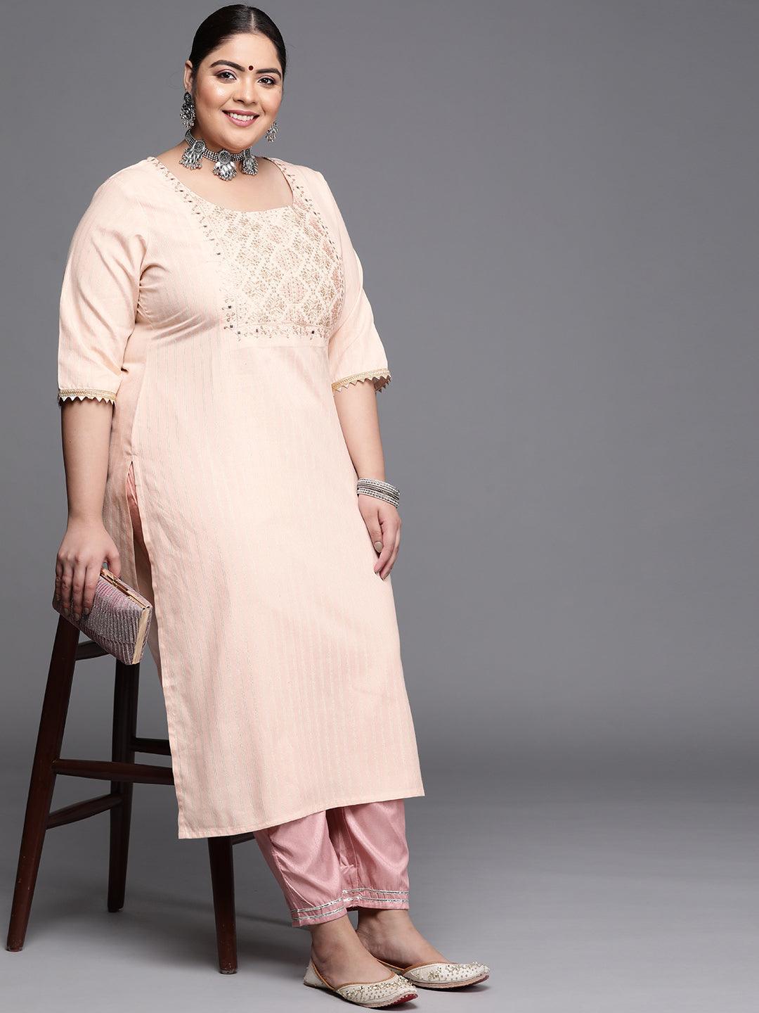 Plus Size Peach Yoke Design Cotton Silk Kurta