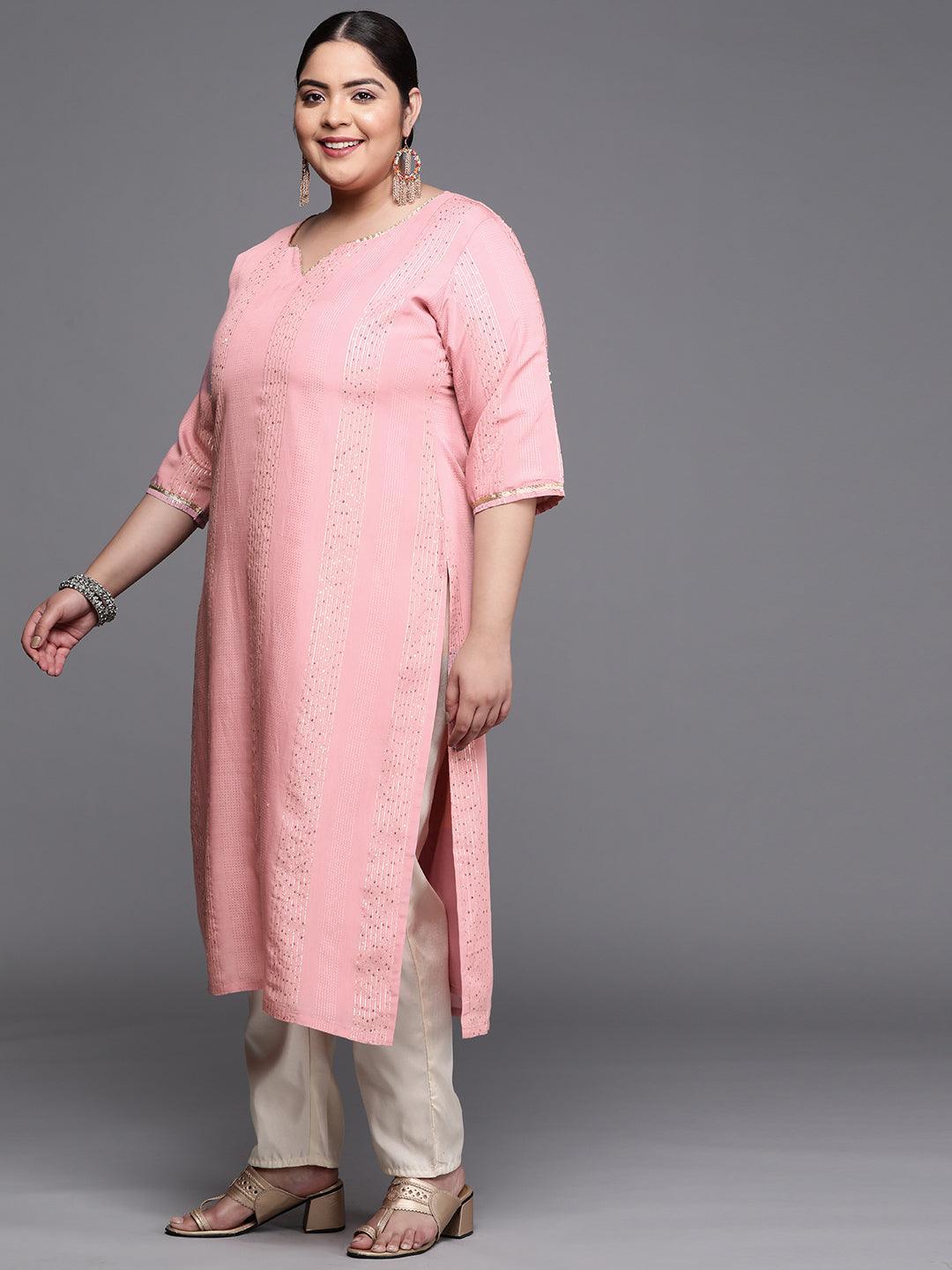 Plus Size Pink Embellished Chanderi Silk Kurta